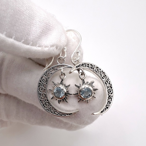 Jewelry - Genuine Blue Topaz .925 Sterling Silver Moon and Sun Earrings